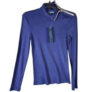 Lauren Ralph Lauren Shirt Womens Small Navy Mock Neck Shoulder Zip Ribbed Cotton